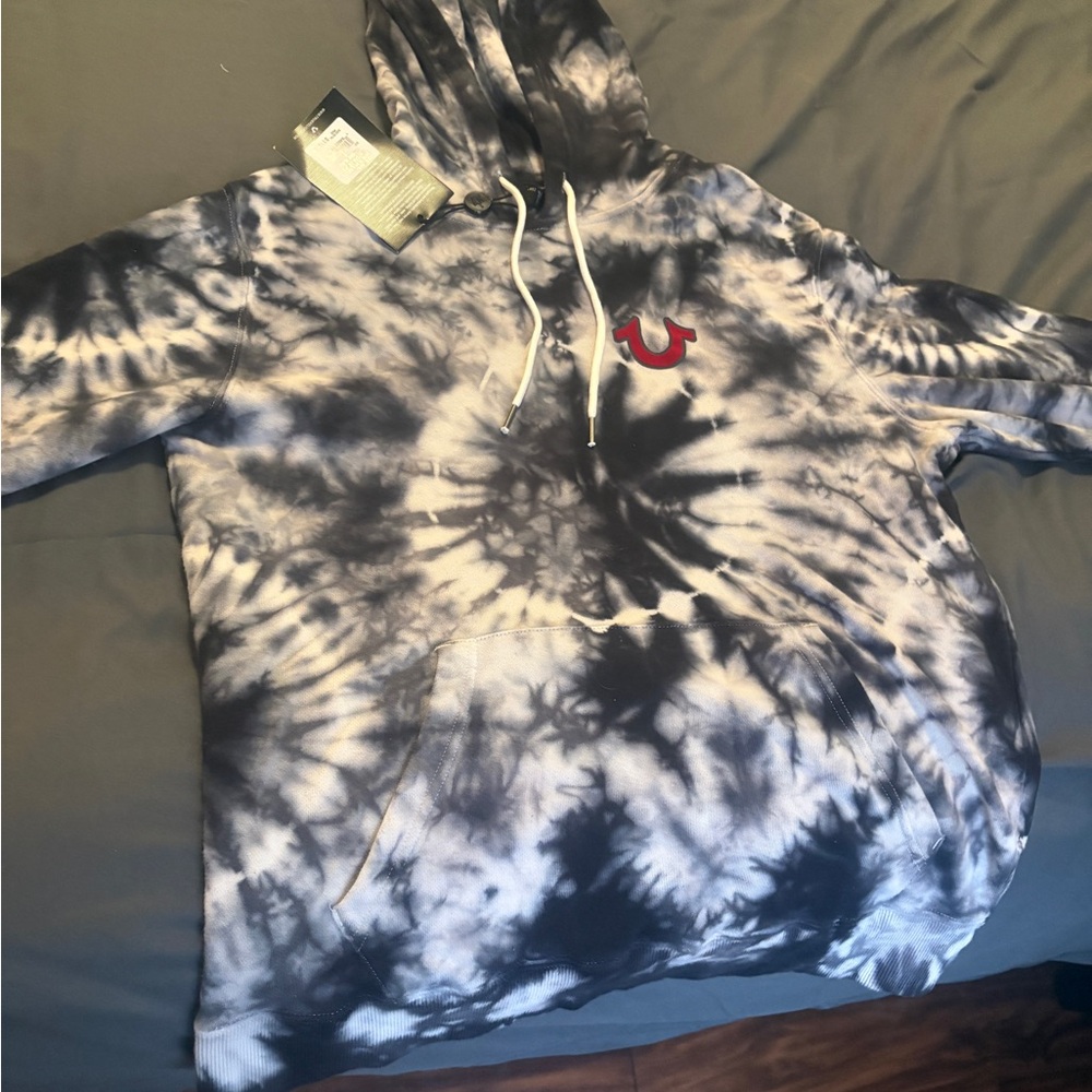True Religion Black & White Tie-Dye Pullover Hoodie with Red Accent